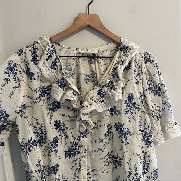 THE GREAT. White Blue Cotton Floral Lace Short Sleeve Victorian Top Blouse 3 L - Picture 8 of 12